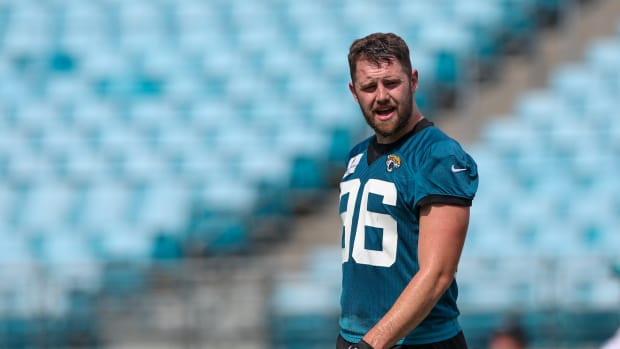 Jun 14, 2023; Jacksonville, Florida, USA; Jacksonville Jaguars tight end Gerrit Prince (86) participates in minicamp at TIAA Bank Field. Mandatory Credit: Nathan Ray Seebeck-USA TODAY Sports  